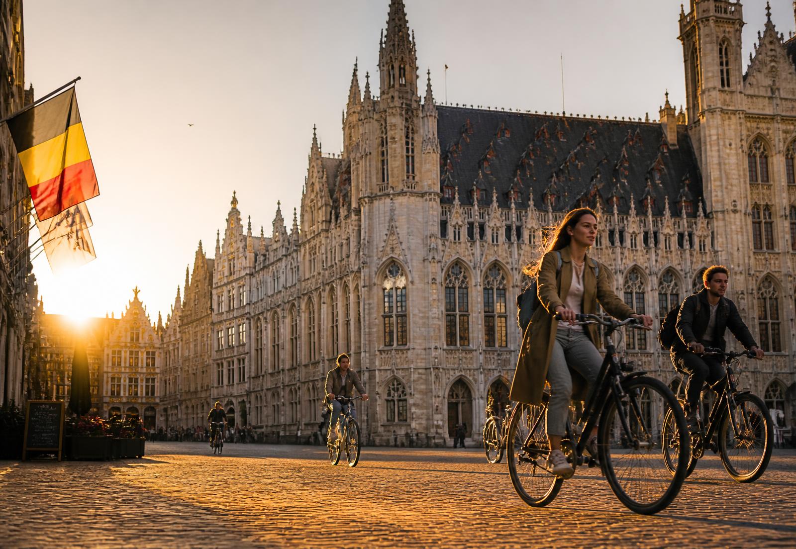 Students cycling across a historic square in Leuven at golden hour