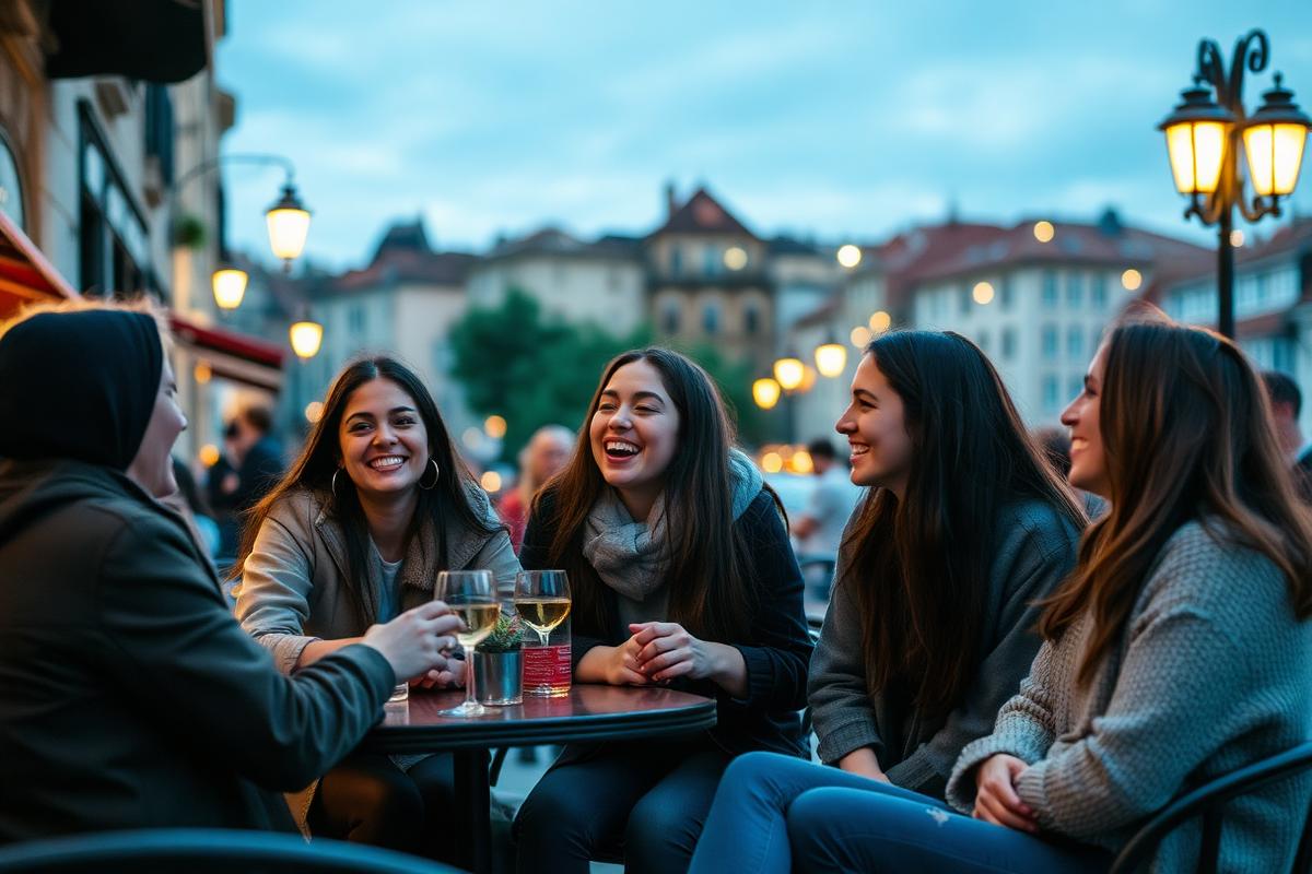 International students talking at a café terrace in the evening
